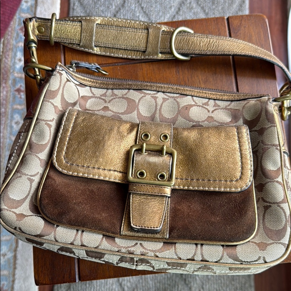 Coach Brown and Gold Shoulder Bag with Suede & Metallic Leather
